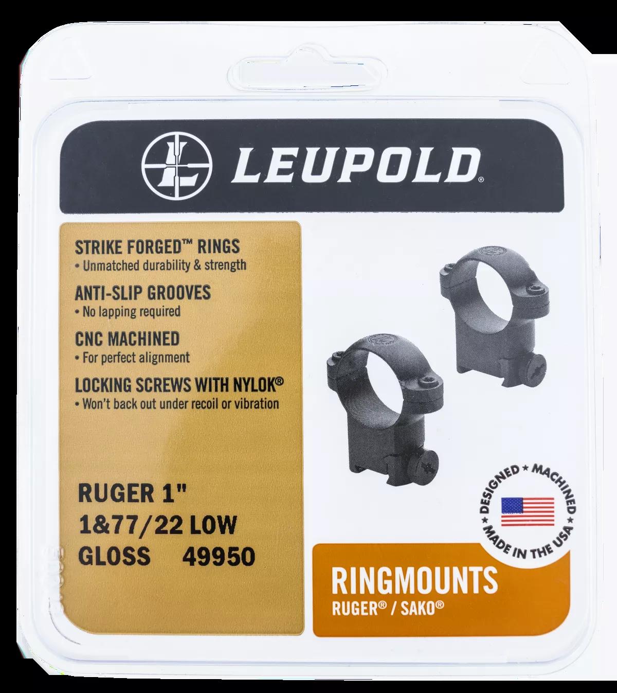 Leupold 51038 Ringmounts Scope Ring Set For Rimfire Rifles Ruger #1, 77/22 Medium 30mm Tube Matte Black Steel