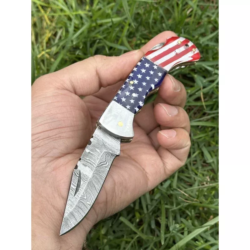 Lone Star 3-Inch Damascus Pocket KnifeCustom Handmade with Bone Handle