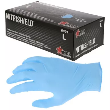 MCR Safety 6001 NitriShield™ 9.5" 4 mil Blue Disposable Powder-Free Industrial Food Grade Blue Nitrile Gloves
