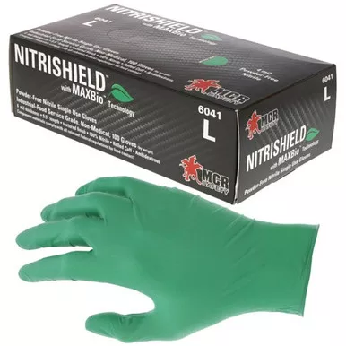 MCR Safety 6041 NitriShield™ 9.5″ 4 mil Green Disposable Powder-Free, Biodegradable Industrial Food Service Grade Nitrile Gloves