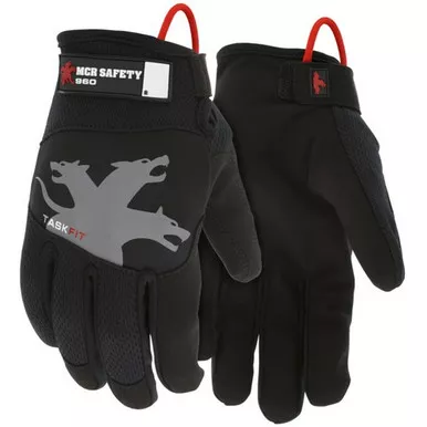 MCR Safety 960 TaskFit Black Synthetic Leather Palm, Spandex Back, Reflective Logo on Back, Super Stretch Knuckle, Touch Screen Mechanics Gloves w/ Adjustable Hook & Loop