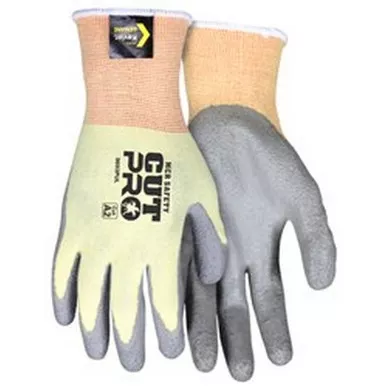 MCR Safety 9693PU Cut Pro 15 Gauge Yellow Stretch Kevlar Shell, Gray Polyurethane Coated Palm & Fingertips, ActiFresh Treated, Touchscreen Friendly Work Gloves