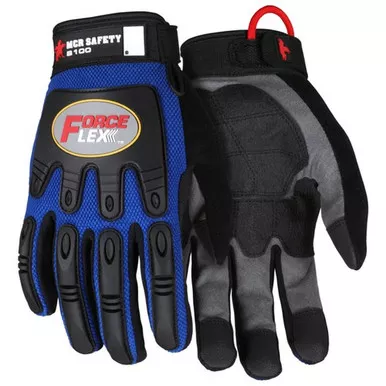 MCR Safety B100 ForceFlex Reinforced Rugged Grip Palm Pad, Blue Mesh Back w/ TPR Mechanics Gloves w/ Adjustable Hook & Loop