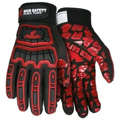 MCR Safety FT2906 FlexTuff Black Synthetic Leather Palm w/ Red Silicone Tire Tread Grip, HyperMax Cut-Resistant Palm Liner Mechanics Gloves w/ TPR on Back of Hand
