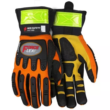 MCR Safety HV100 ForceFlex Hi-Vis Orange Back w/ Reflective Stripes & TPR Padding, Reinforced Padded Palm w/ Rough Kevlar Mechanics Gloves w/ Extended Neoprene Slip-On Cuff