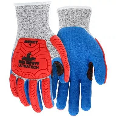 MCR Safety UT1951 UltraTech 13 Gauge Salt & Pepper HyperMax™ Shell, Blue Crinkle Latex Coated Palm & Fingertips, Padded Palm, Red TPR Back Mechanics Gloves w/ Reinforced Thumb Crotch