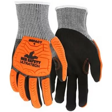 MCR Safety UT1952 UltraTech 13 Gauge Salt & Pepper HyperMax™ Shell, Black Sandy Nitrile Foam Coated Palm & Fingertips, Orange TPR Back Mechanics Gloves w/ Reinforced Thumb Crotch