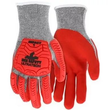 MCR Safety UT1954 UltraTech 13 Gauge Salt & Pepper HyperMax™ Shell, Red Sandy Nitrile Foam Coated Palm & Fingertips, Red TPR Back Mechanics Gloves
