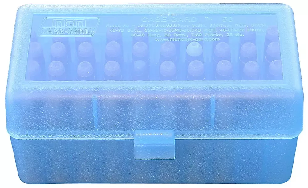 MTM Case-Gard Ammo Box Flip-Top Multi-Caliber Rifle Clear Blue Polypropylene 50rd