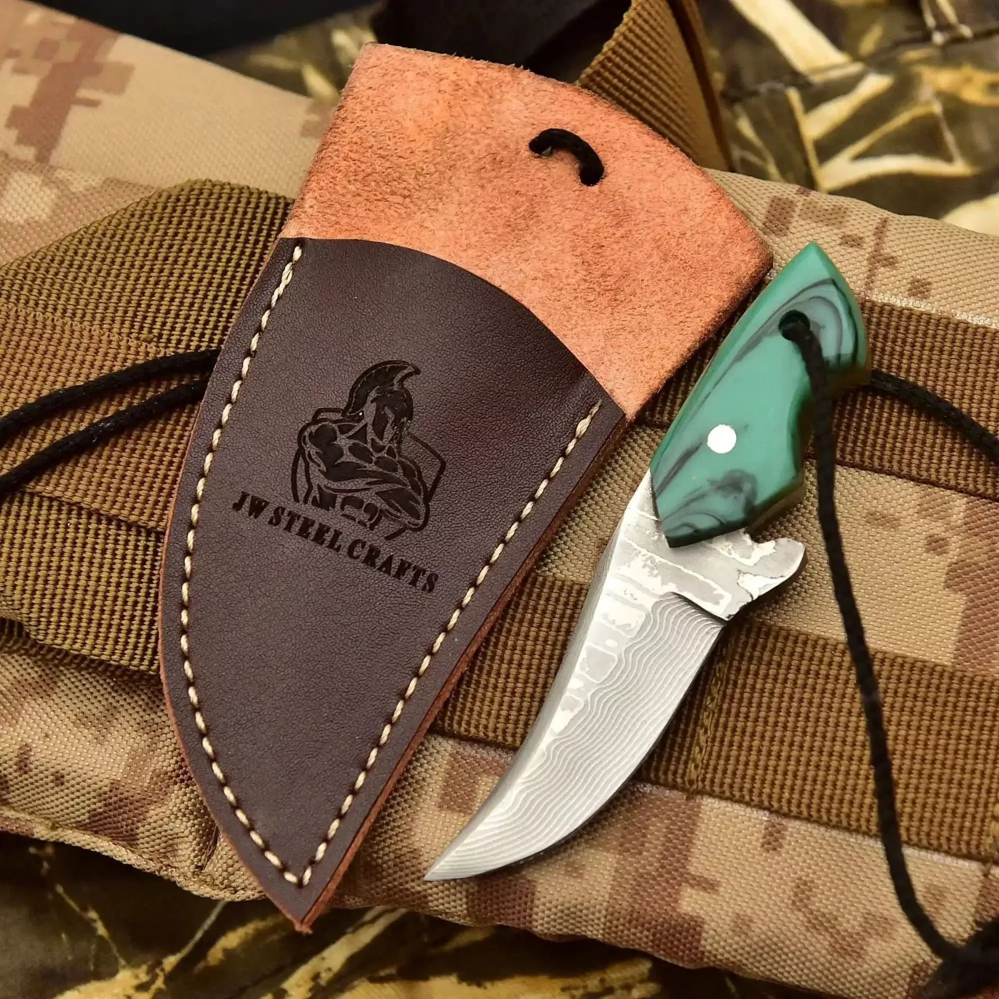 Neck Knife with Leather Sheath – Mini Damascus Pattern Blade | Green Resin Handle | JW SteelCrafts
