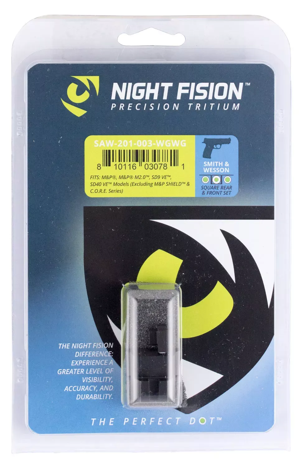 Night Fision OEM Replacement Perfect Dot Night Sight Set Square Tritium Green with White Outline Front Black Frame for All Glock