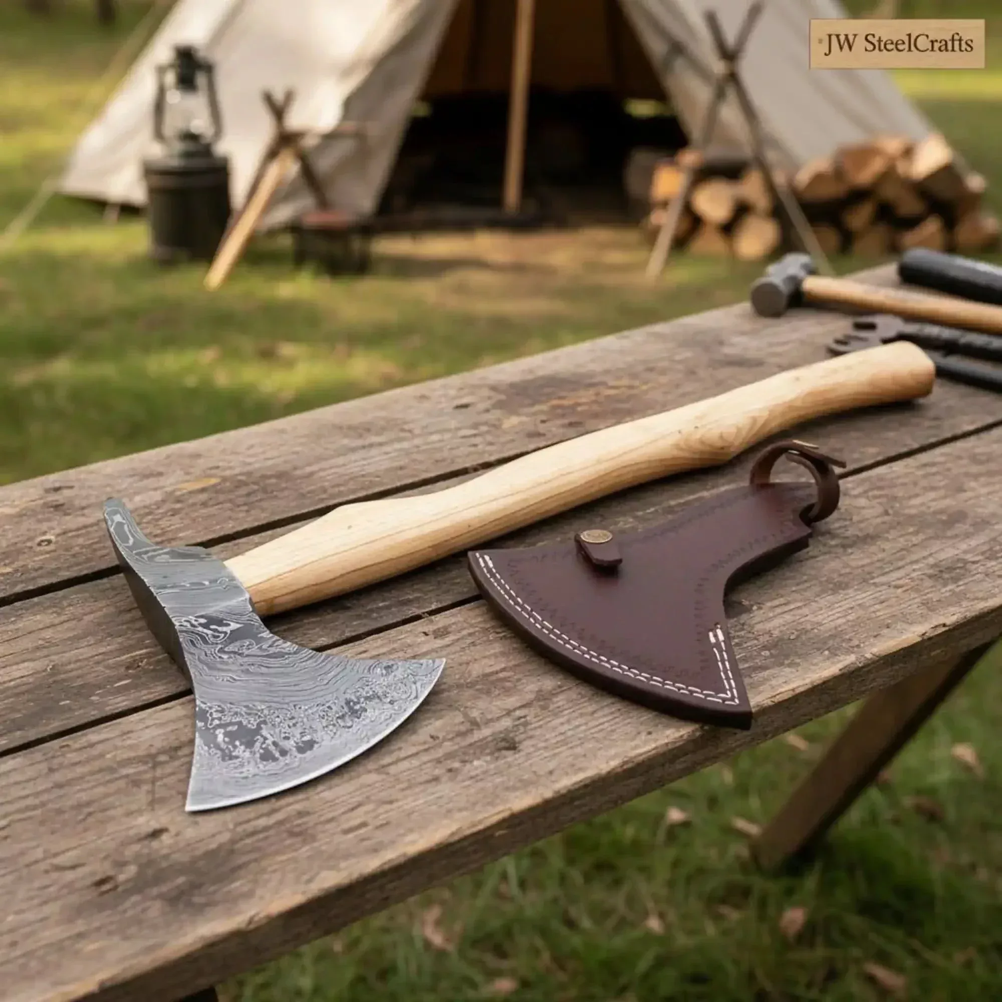 Nordic Camp Hatchet, Pattern-Welded Steel Head and Light Ash Hardwood Handle