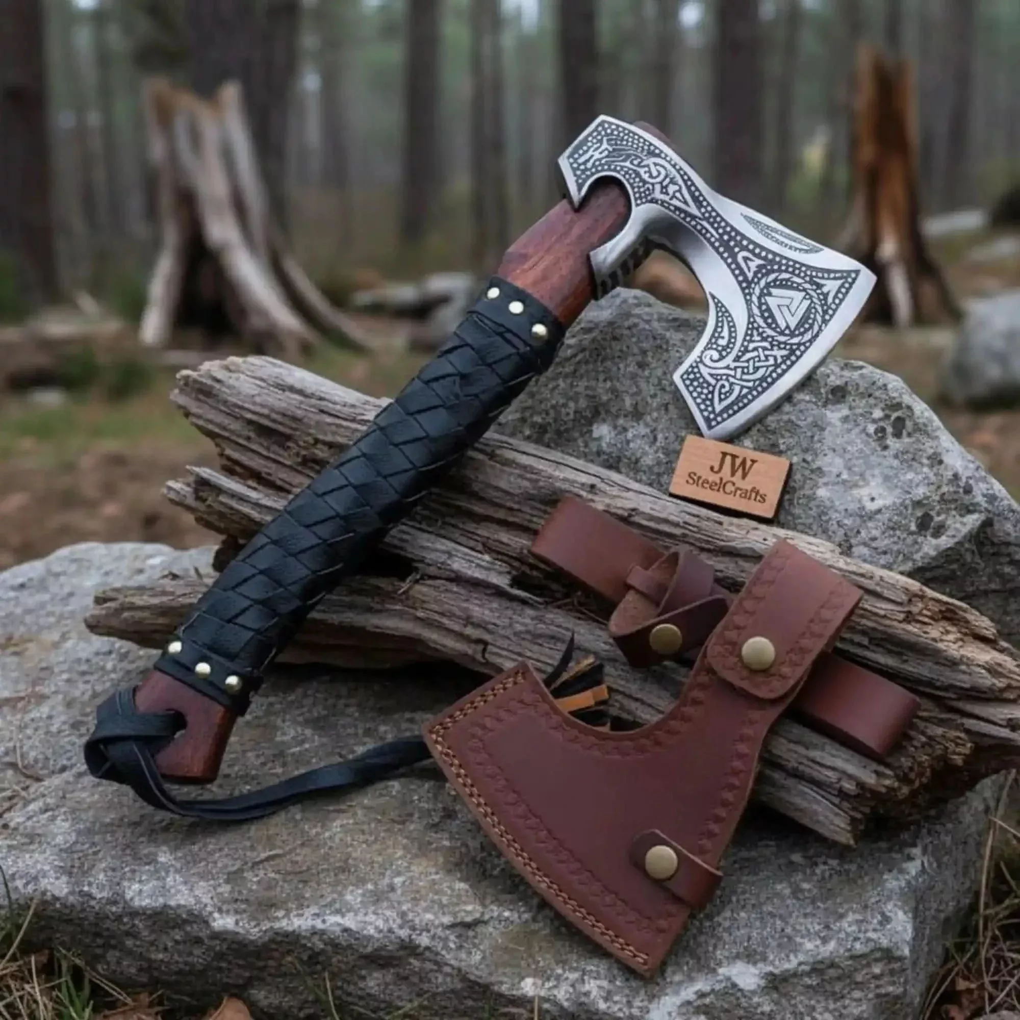Norse Engraved Camp Hatchet with Leather Wrapped Handle and Belt Sheath | JW SteelCrafts