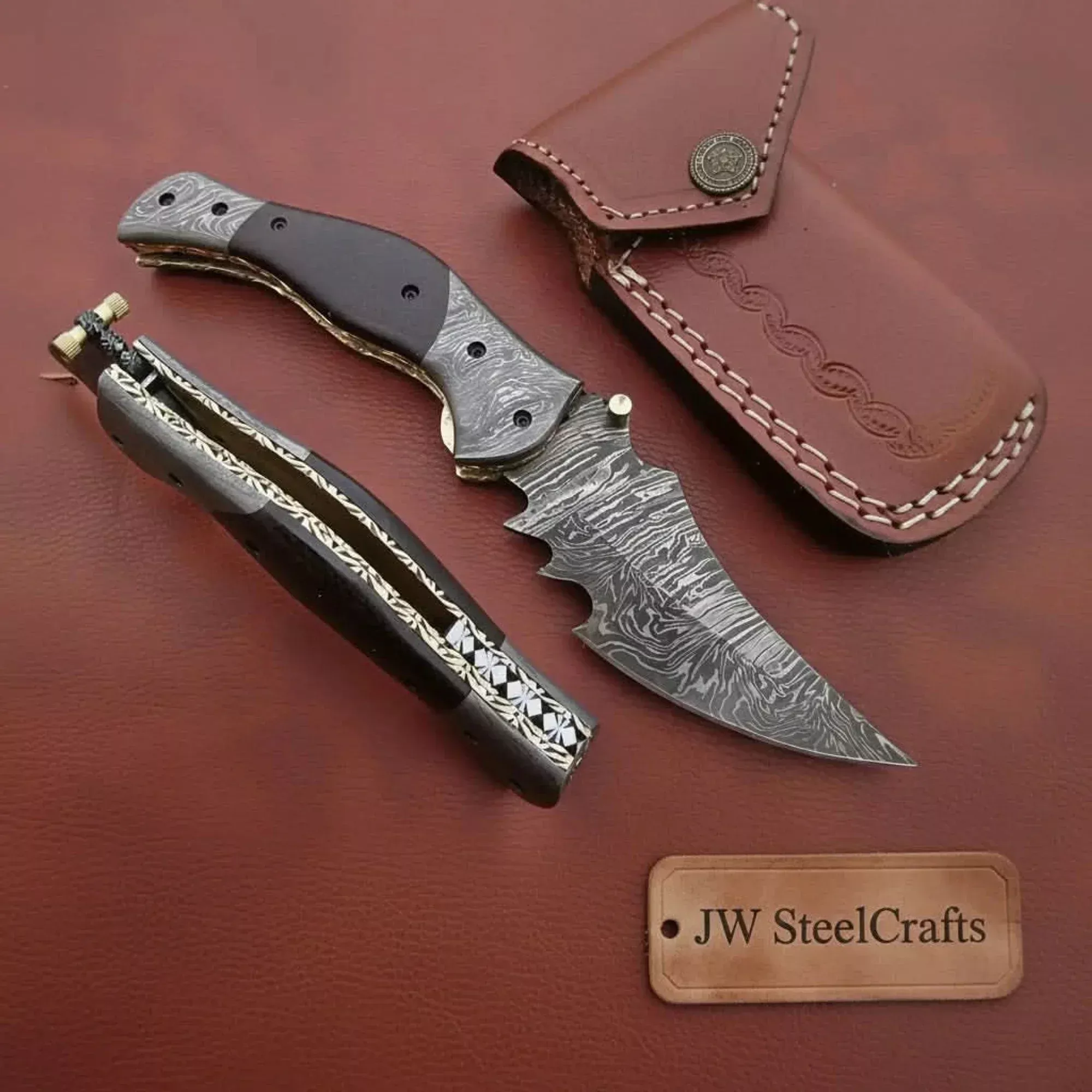 Outback Tracker Damascus Folding Knife with Jimped Spine