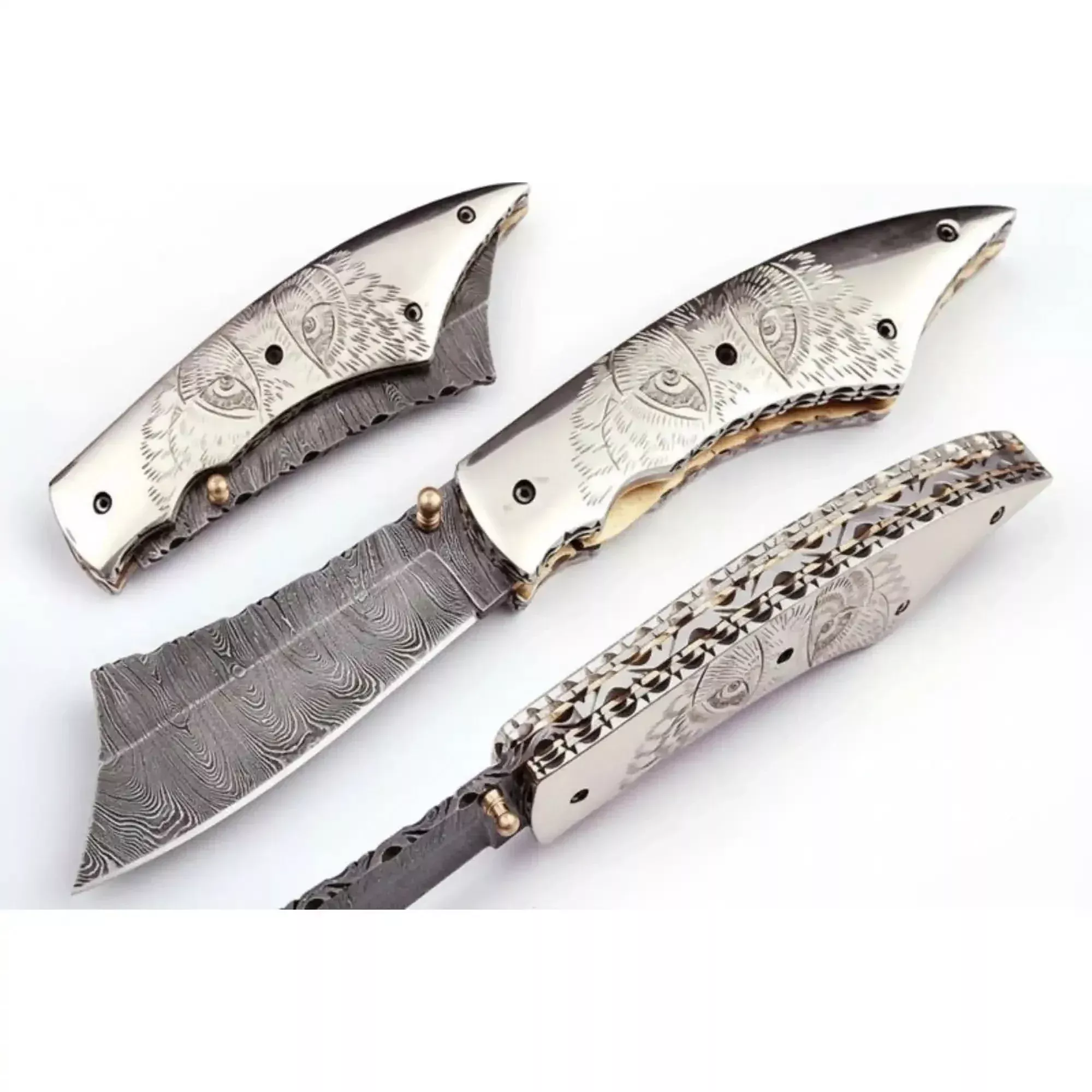 Owl Eyes Engraved Damascus Folding Knife with Handle Artwork