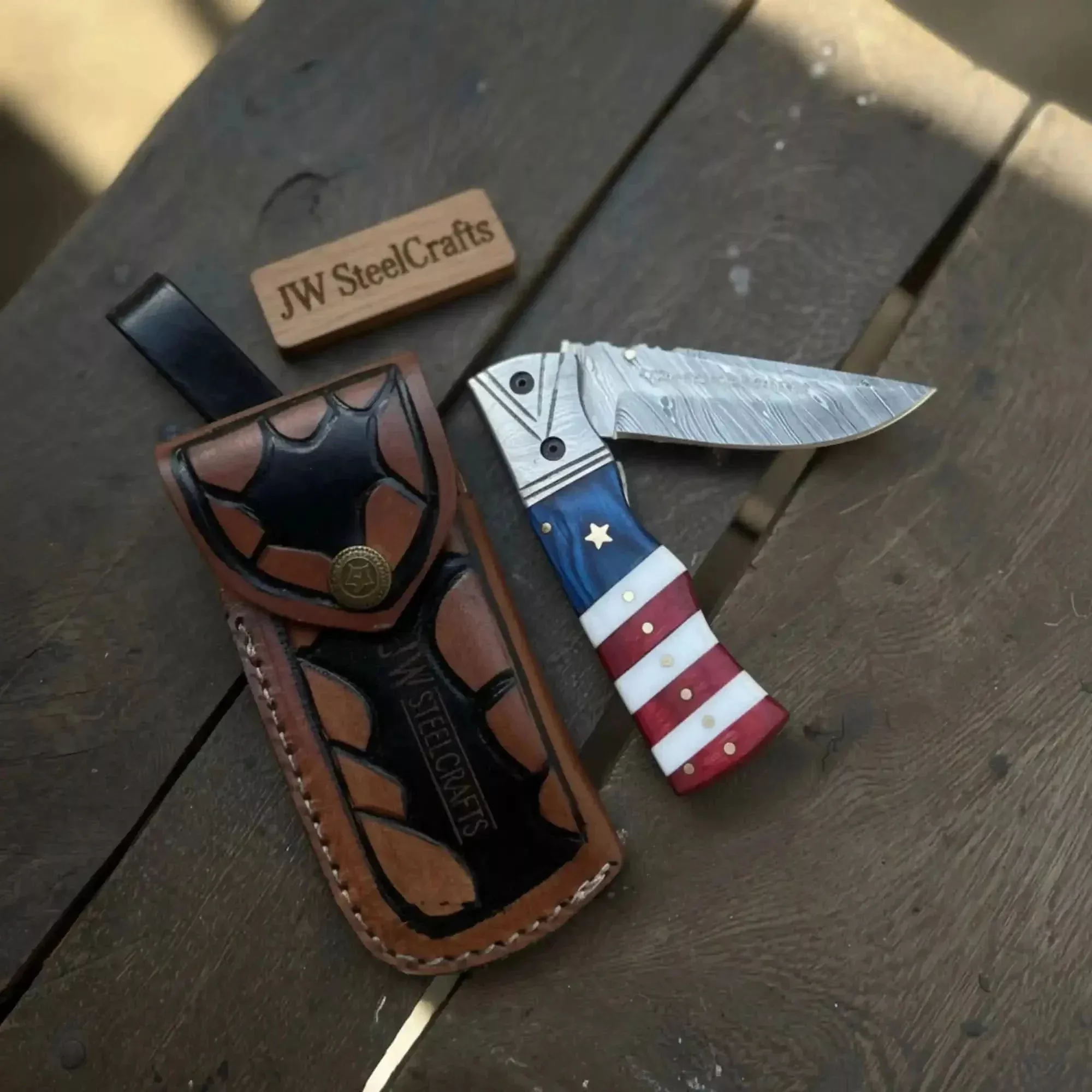 Patriot Damascus Folding Knife with Leather Sheath