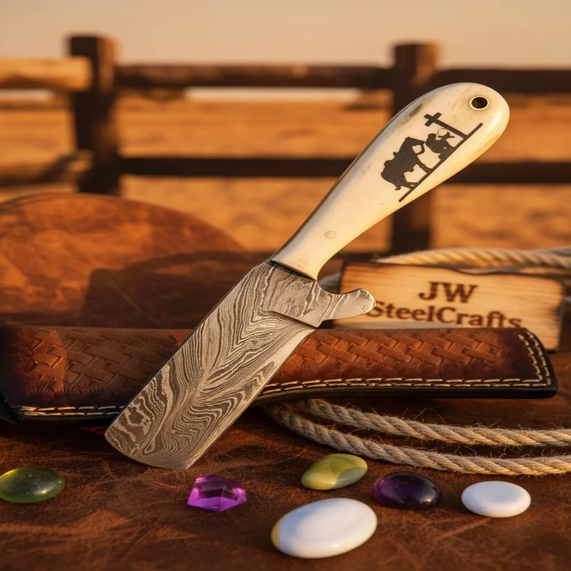 Praying Cowboy Bull Cutter Knife with Prayer Engraved White Resin Handle