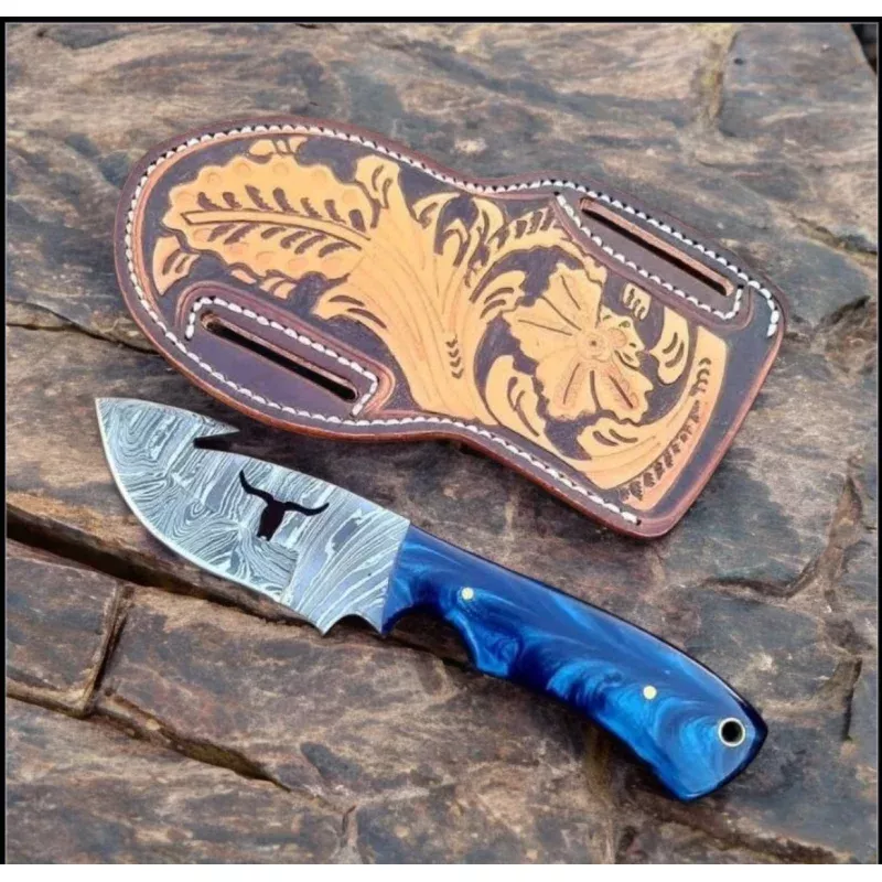 Premium 9 Damascus Guthook Skinning Knife with Resin Handle