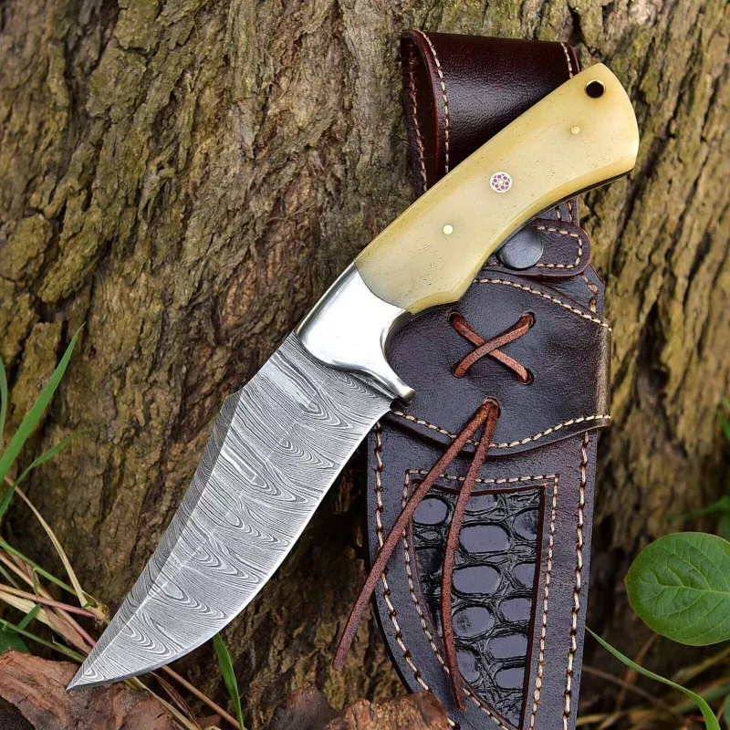 Premium Damascus Steel Skinner KnifeCustom Handmade with Camel Bone Handle