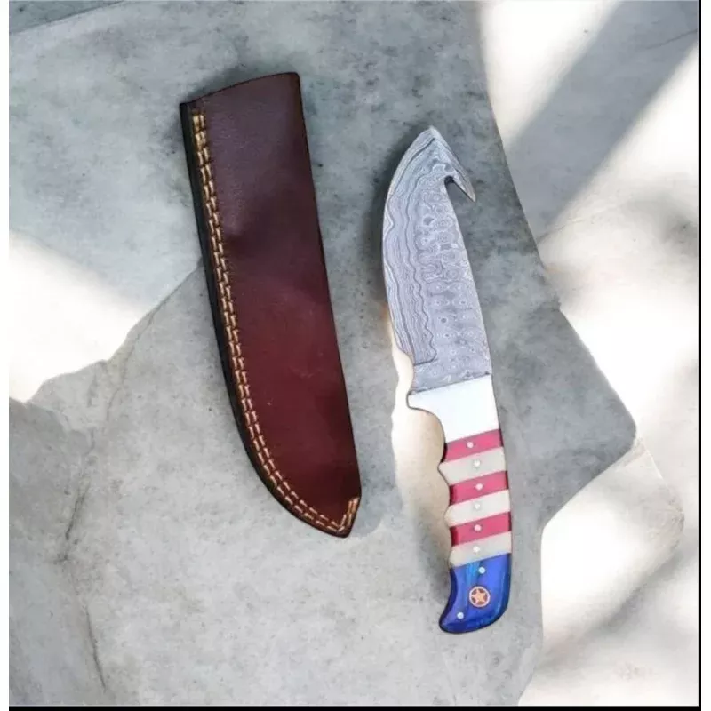 Premium Guthook Skinning Knife9 Damascus Steel Blade with Texas Flag Handle & Leather Sheath