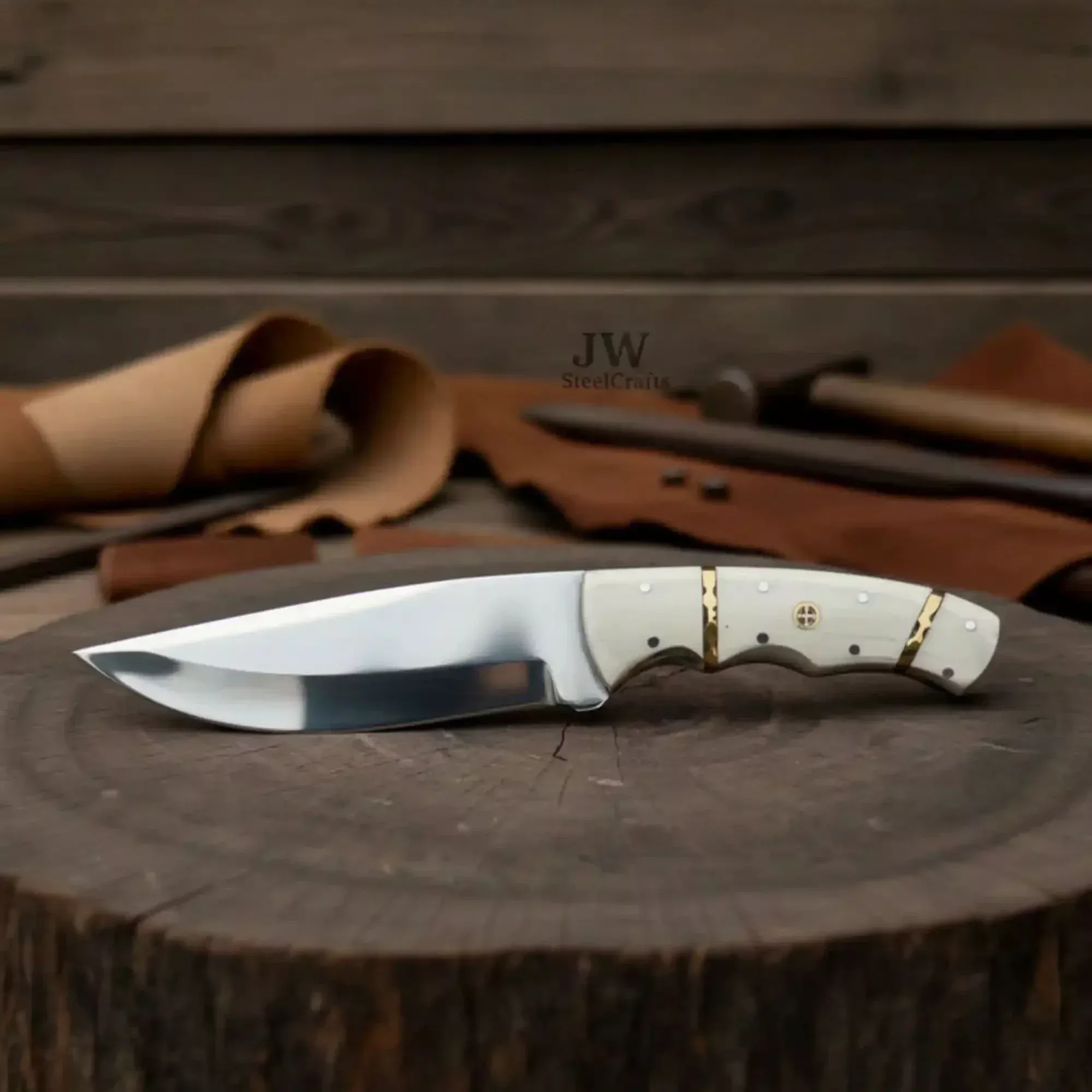 Ranch Hand Utility Knife Fixed Blade white resin Handle Full Tang Brass Spacer Western Knife