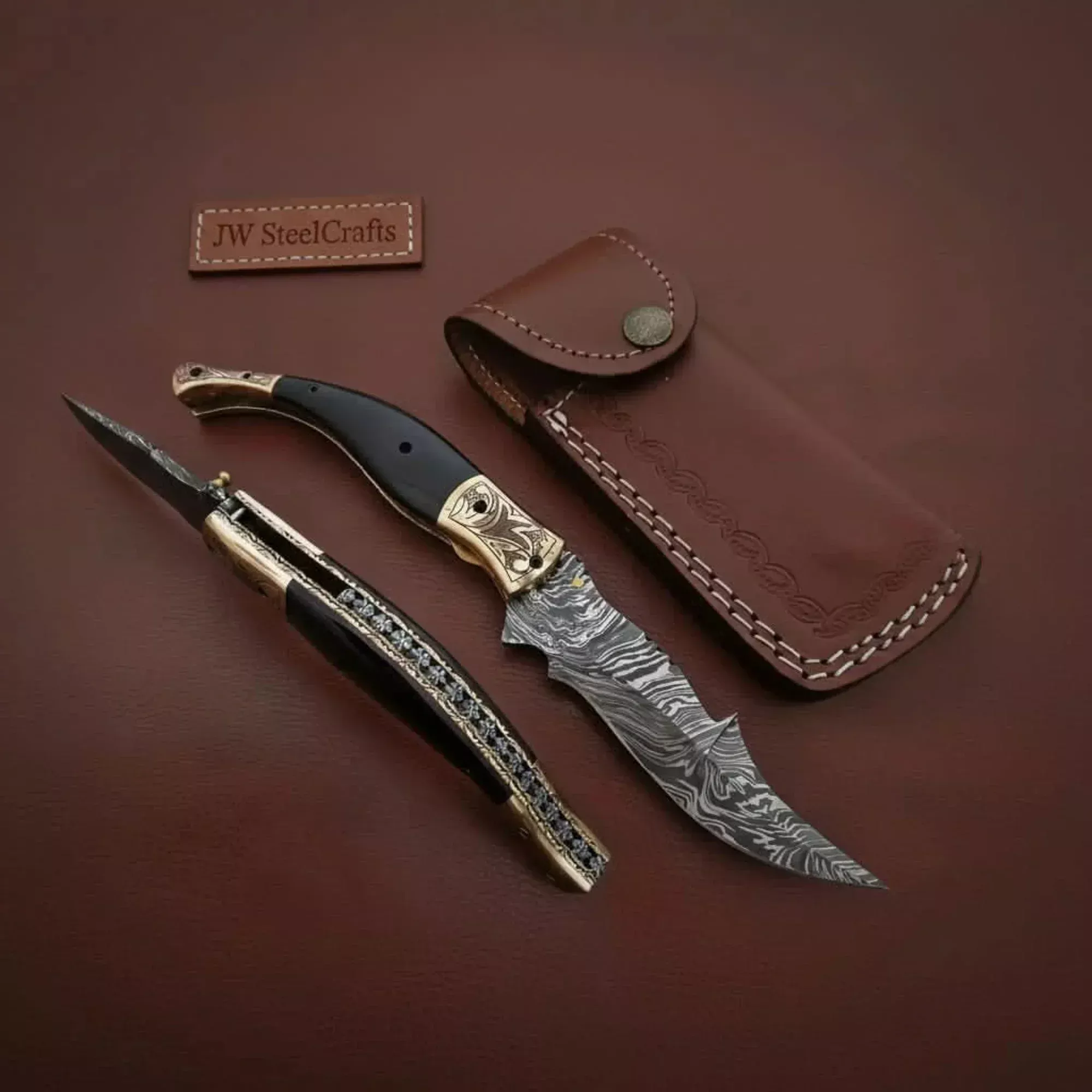 Ratchet Rampuri Buffalo Horn Folding Knife with Damascus Trailing Blade
