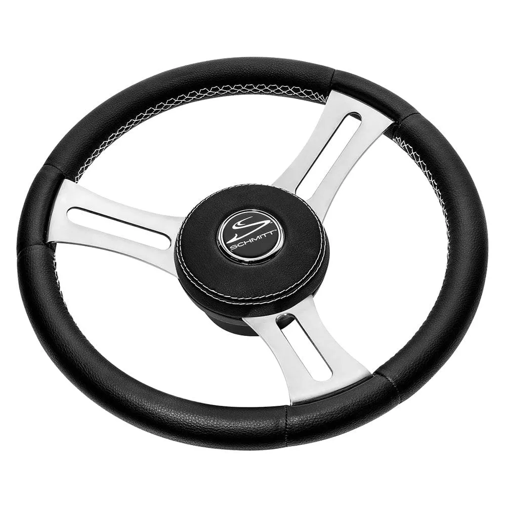 Schmitt & Ongaro Torcello Elite 14" Wheel - Black Leather & Cap - White Stitching - Polished SS Spokes - 3/4" Tapered Shaft - PU085241