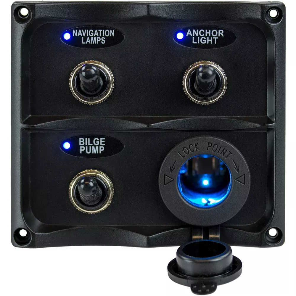 Sea-Dog Water Resistant Toggle Switch Panel w/LED Power Socket – 3 Toggle [424623-1]