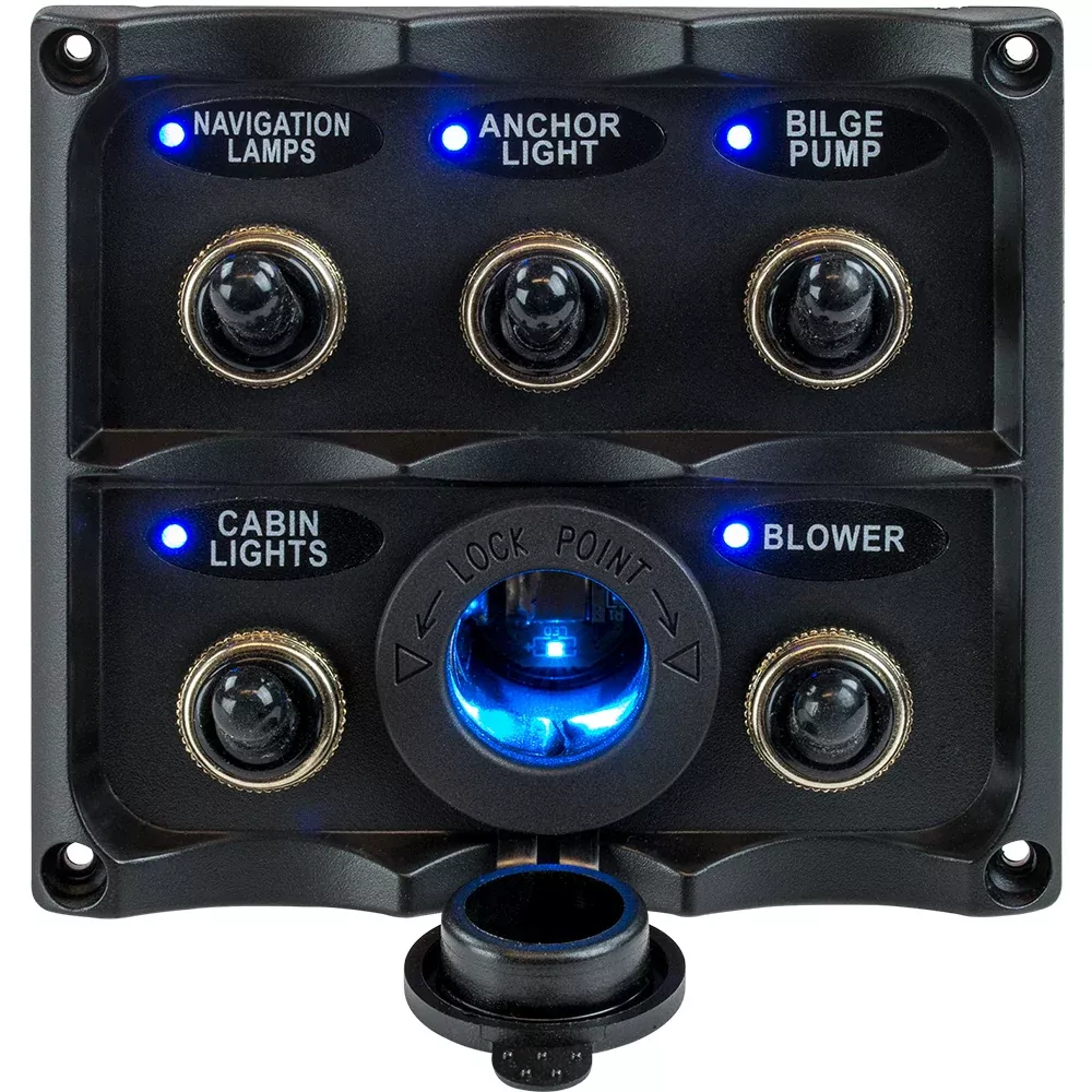 Sea-Dog Water Resistant Toggle Switch Panel w/LED Power Socket – 5 Toggle [424627-1]