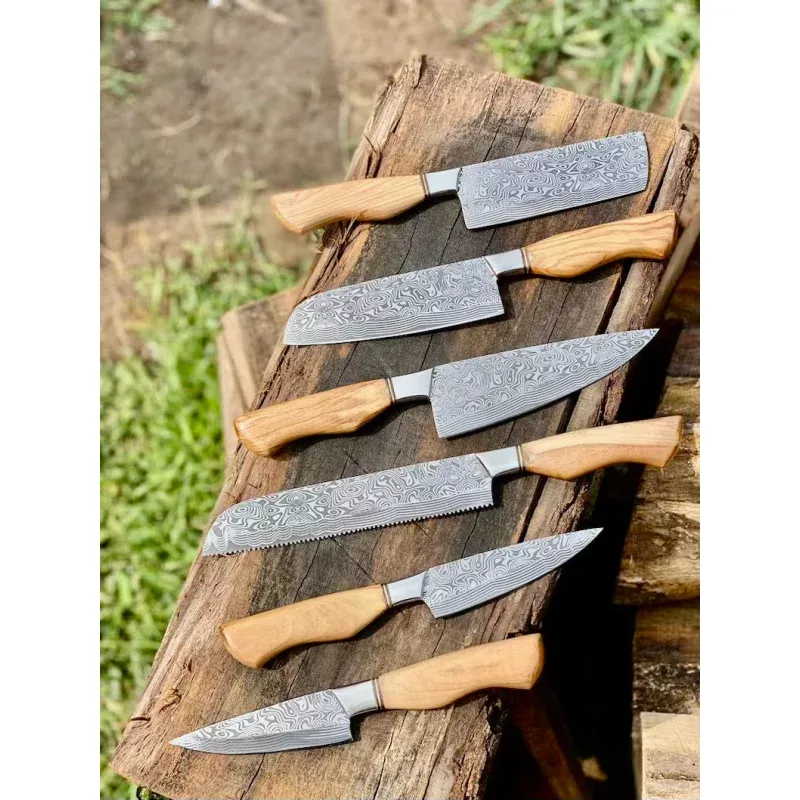 Sharp Kitchen Knife Set13 Damascus Steel Blade, Olivewood Handle & Leather Sheath