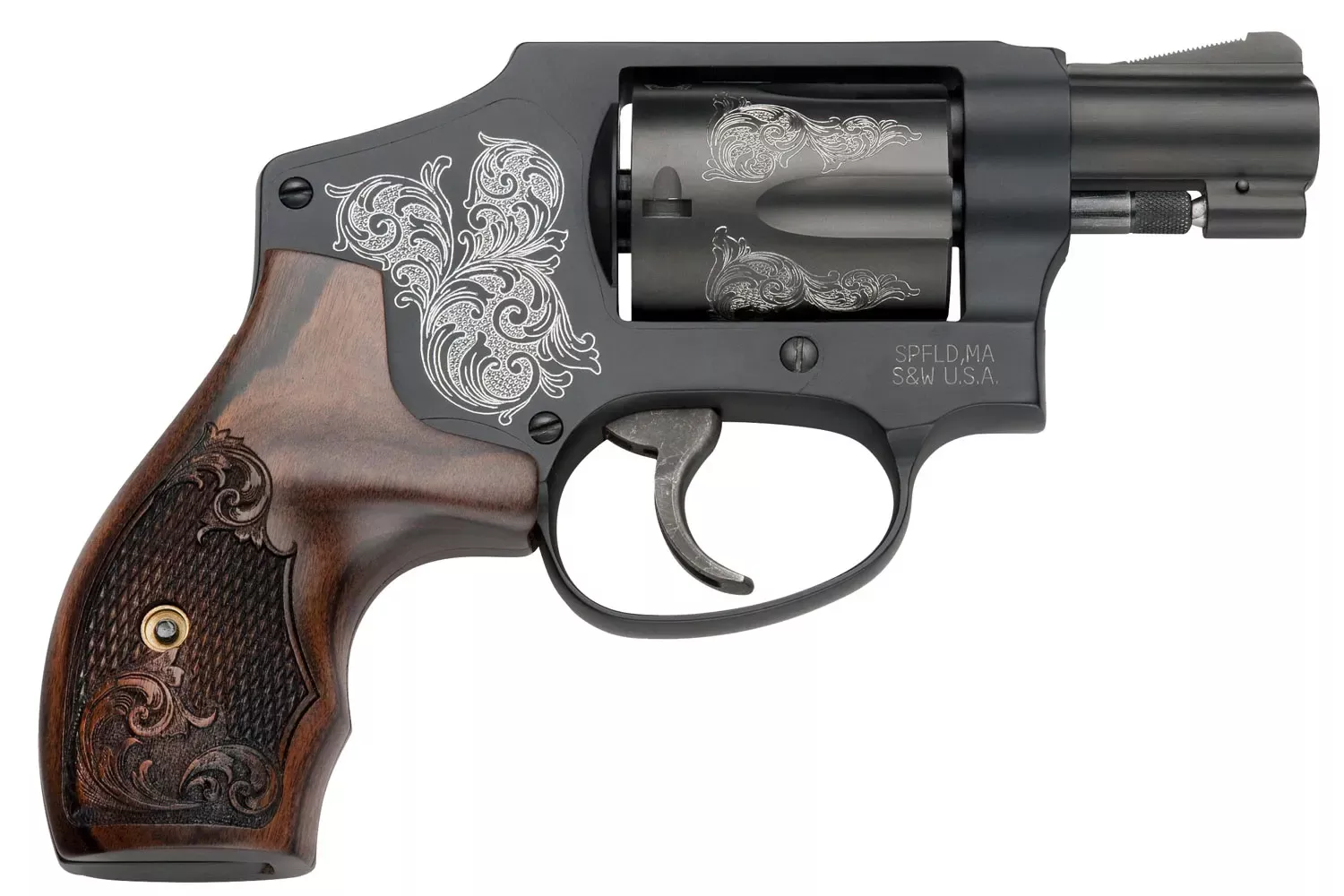 Smith & Wesson Model 442 38 Spl +P Revolver 1.88″ Matte Black Engraved 150785