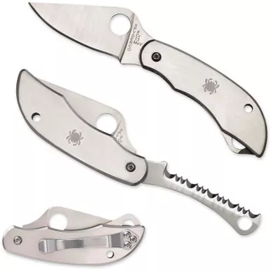 Spyderco C176P&S ClipiTool Folding Knife w/ Serrated 2.02" Plain Edge Blade, Stainless Steel Handle