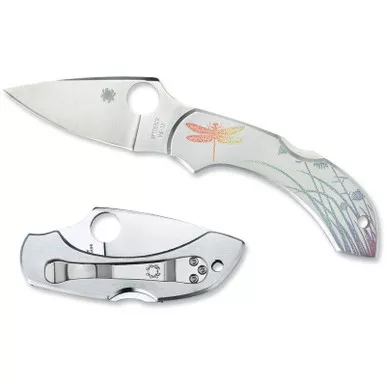 Spyderco C28PT Dragonfly 2 Tattoo Folding Knife 2.31" VG-10 Plain Edge Blade, Stainless Steel Handle