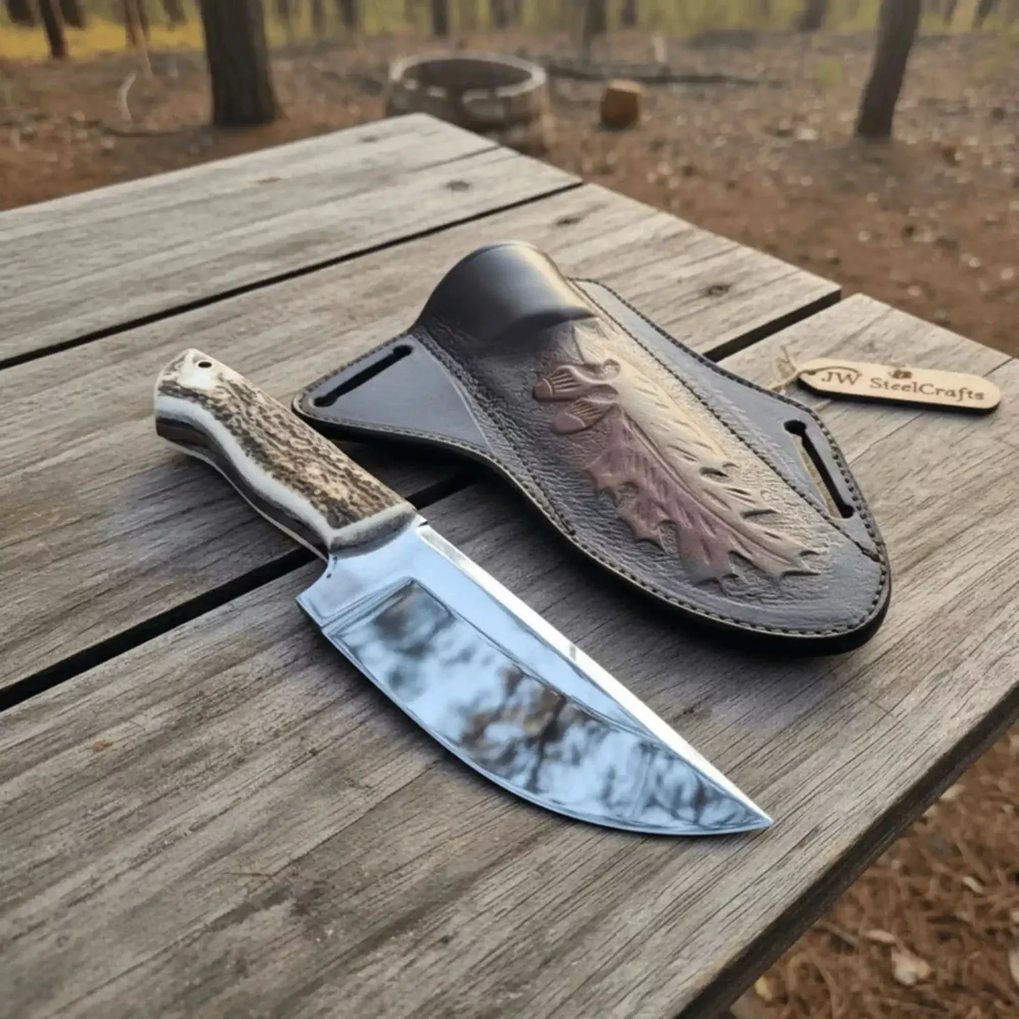 Stag Handle Hunting Knife Stainless Steel or Damascus Blade