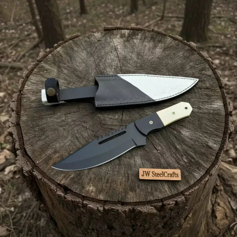 Straight Back Utility Knife 8” Blade Fixed Blade Filework Spine Bone Handle with Sheath