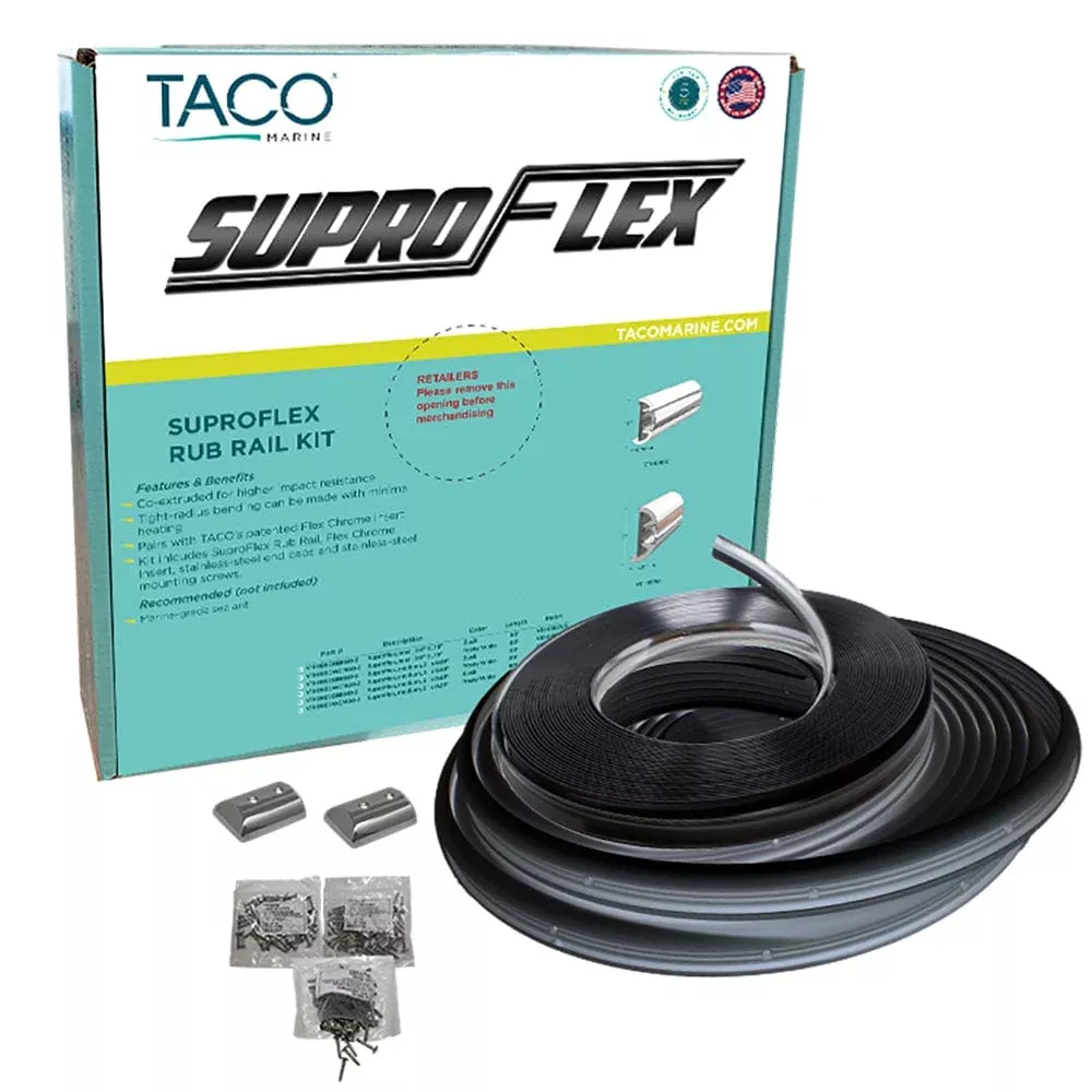 TACO SuproFlex Rub Rail Kit – Black w/Flex Chrome Insert – 1.6″H x .78″W x 60’L