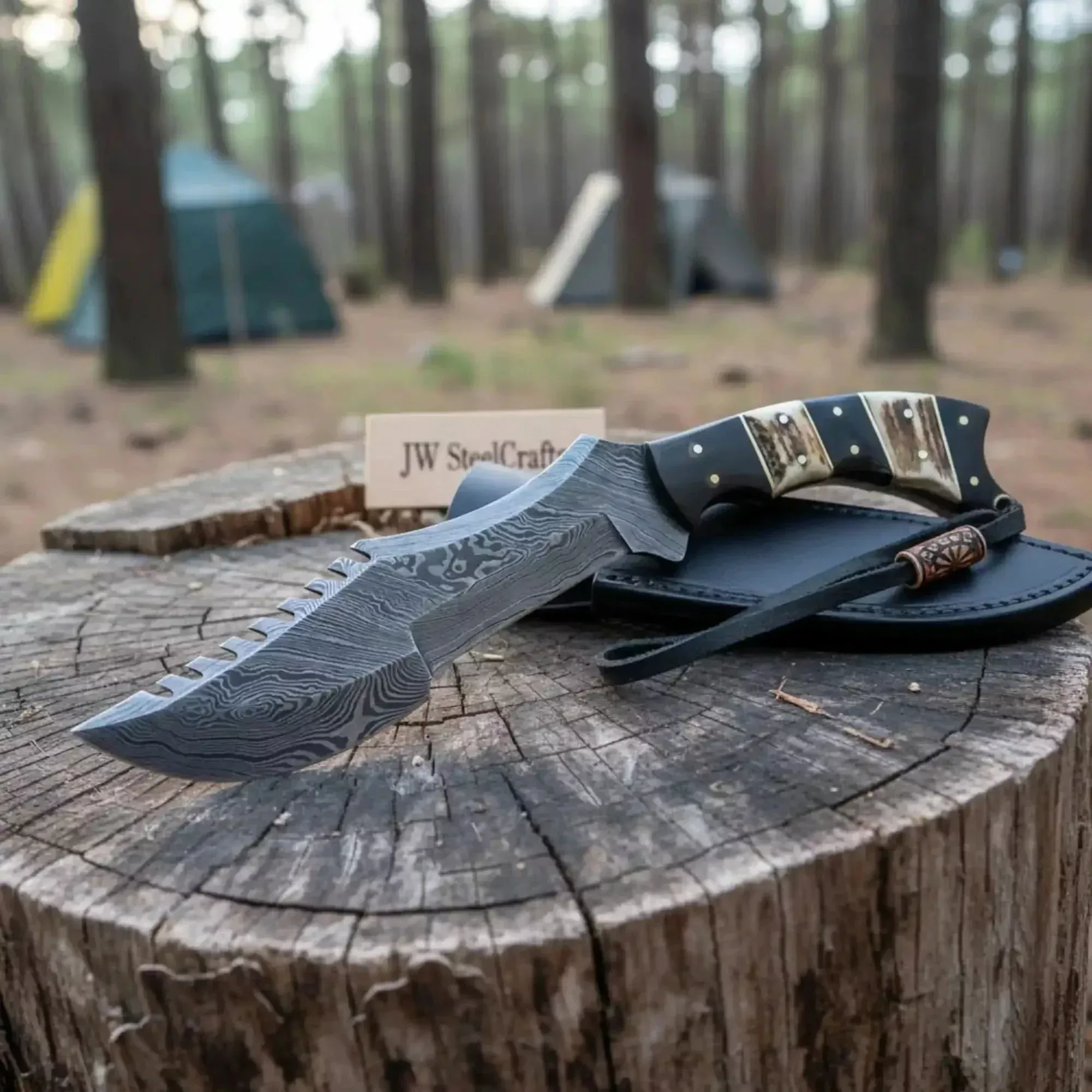 Tracker Knife Damascus Steel Multi Edge Blade With Leather Sheath