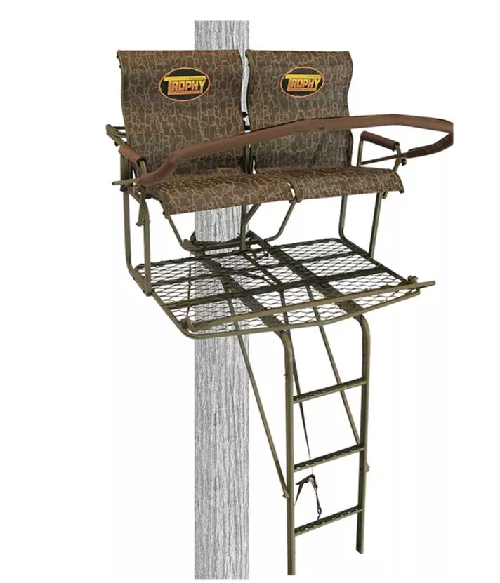 Trophy Treestands Big Easy Two Person Ladderstand with Individual Flip Up Comfort Curved Textilene Seating• TDL218