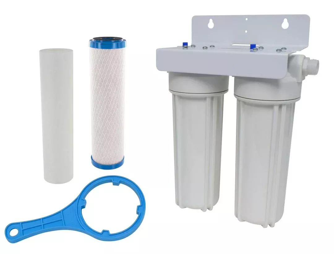Valterra AquaFRESH Exterior Filter System, Dual Housing with Sediment Pre-Filter, Advanced Carbon Block Cartridge, Wall Bracket and Wrench• A01-1139