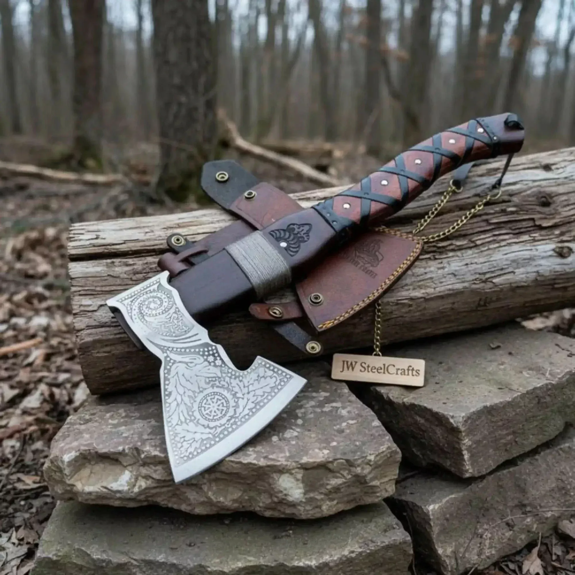 Viking Bearded Axe with Norse Engraved Blade and Leather Sheath