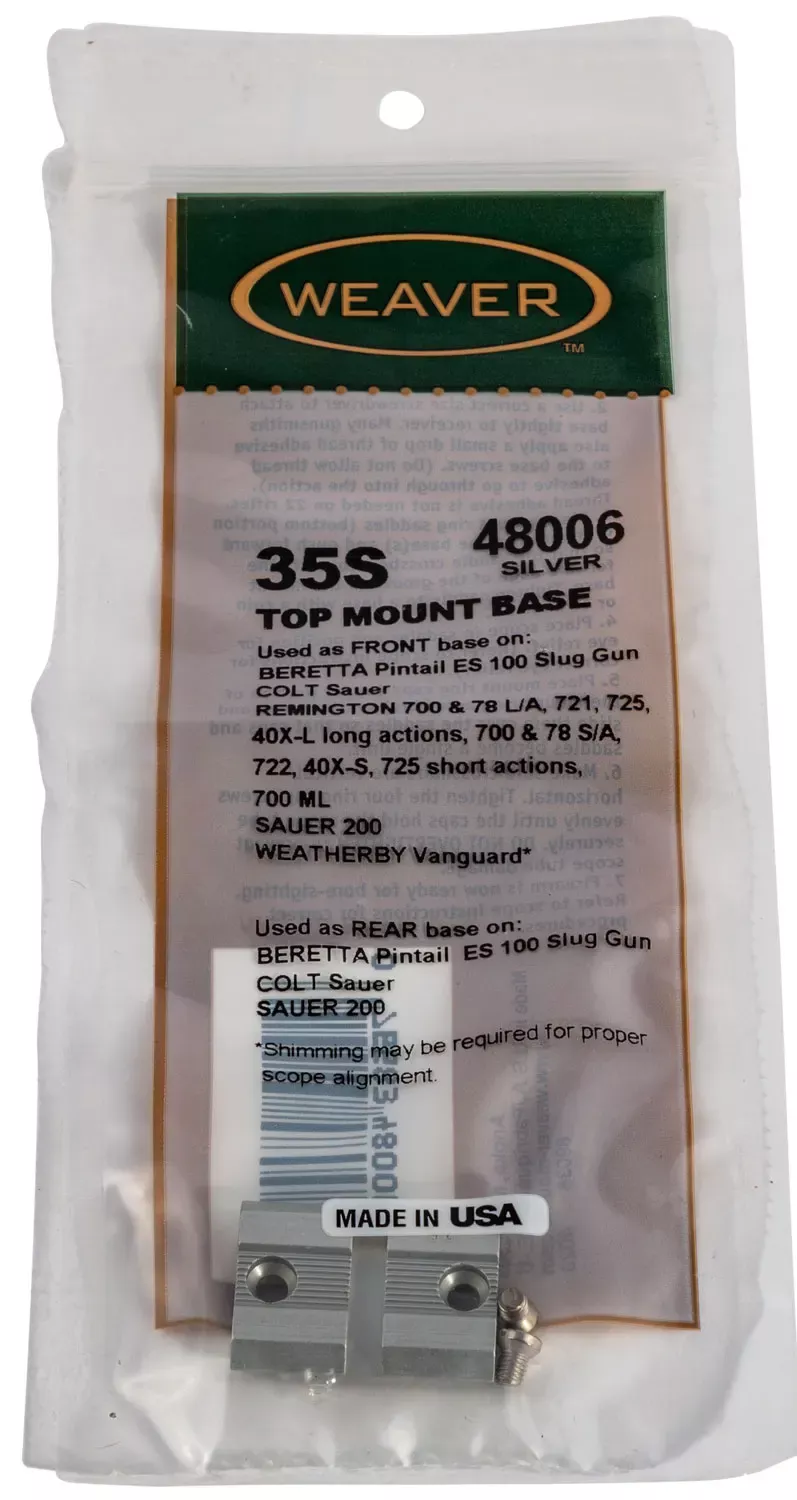 Weaver Mounts Top Mount Base For Rifle BSA/Colt/ Beretta/Moss/Rem/Wthby Silver Aluminum