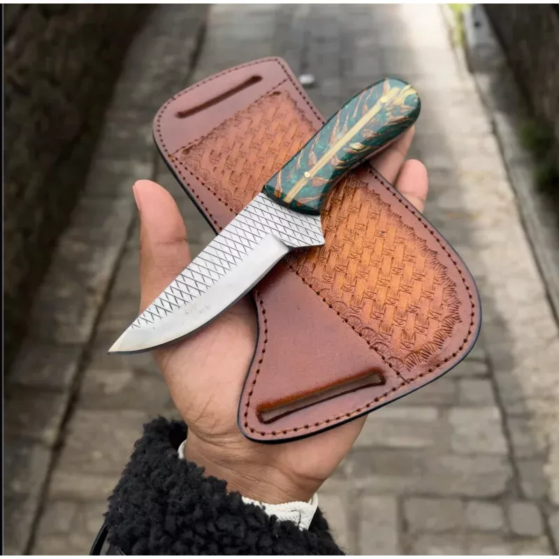 Western Belt Knife with Leather CaseDurable Blade & Resin Handle