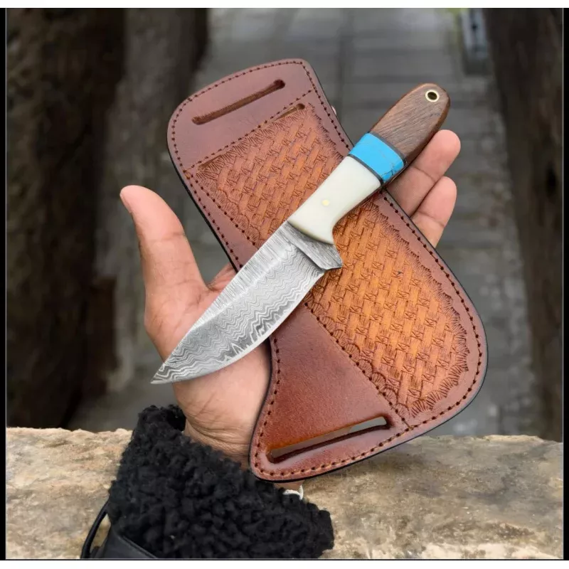 Western Knife and Sheath SetDamascus Steel Blade with Resin Handle & Leather Belt Loop